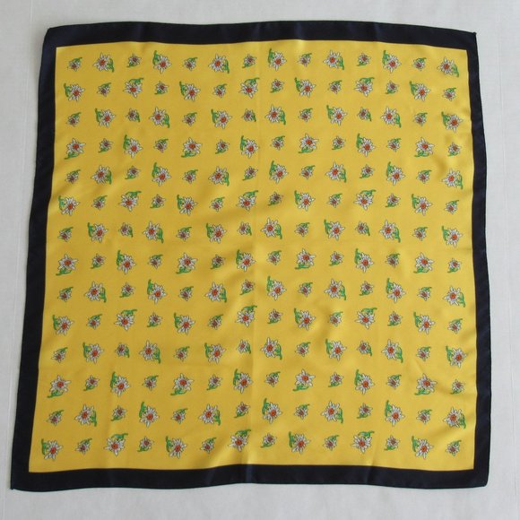 Vintage Italian Soft Silk Square Scarf Floral Yellow, Navy 22" x 22" *Flaw - Picture 3 of 10